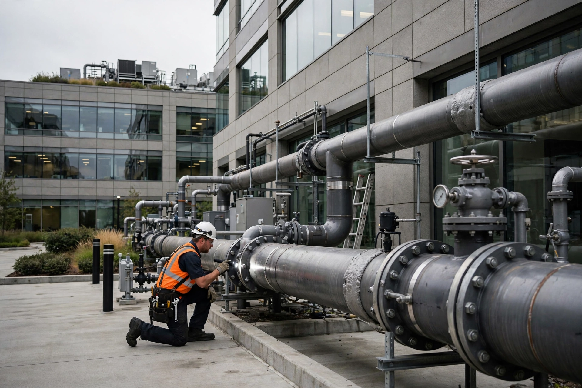 Technician inspecting large commercial water pipes