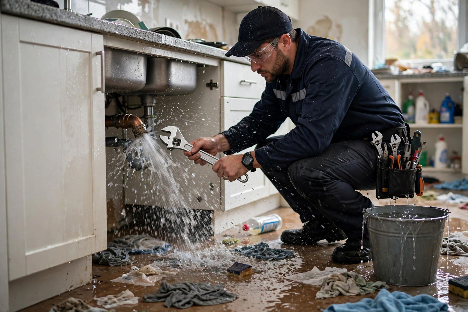 Emergency plumber repairing a burst pipe with water spraying