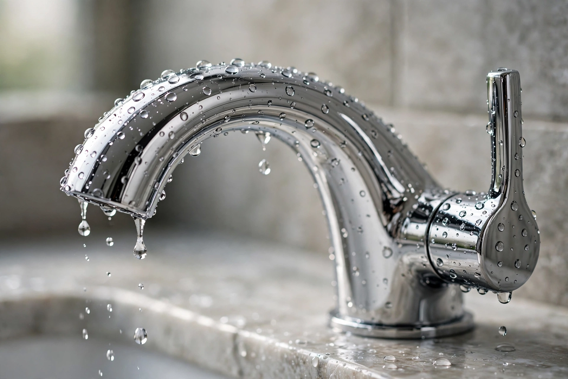 Modern chrome bathroom faucet close-up with water droplets