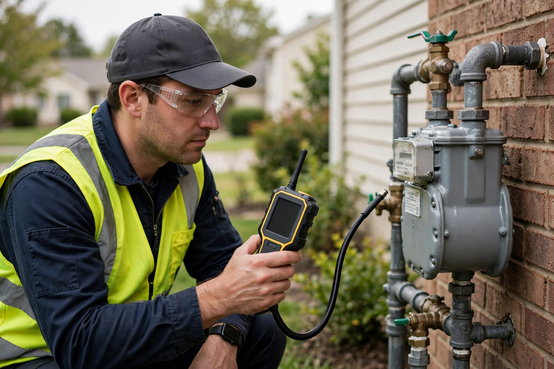 Technician holding an electronic gas leak detector near a gas meter