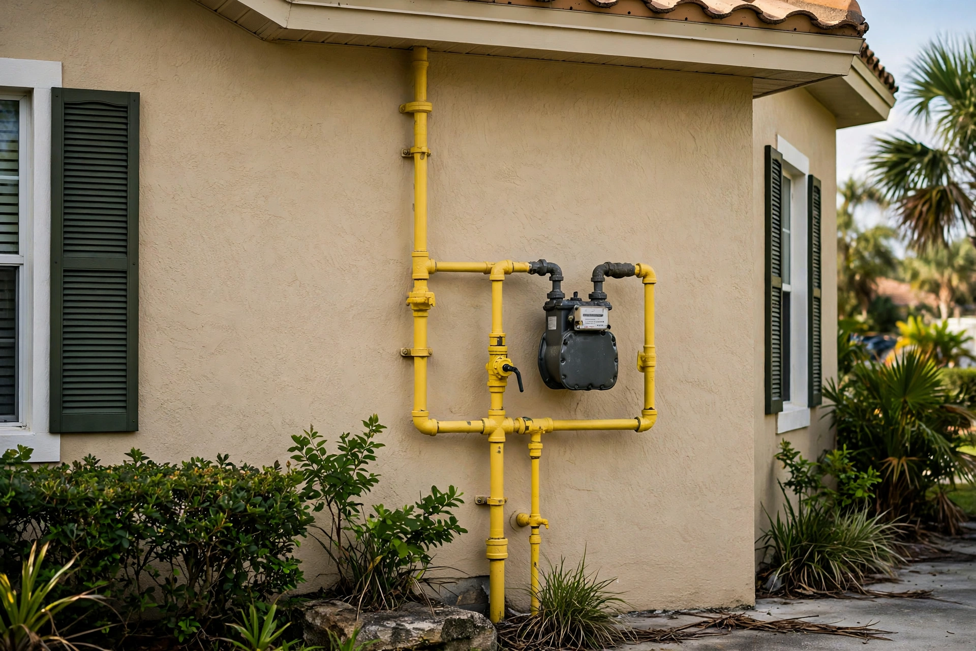Yellow gas pipes and meter on the exterior wall of a Florida home