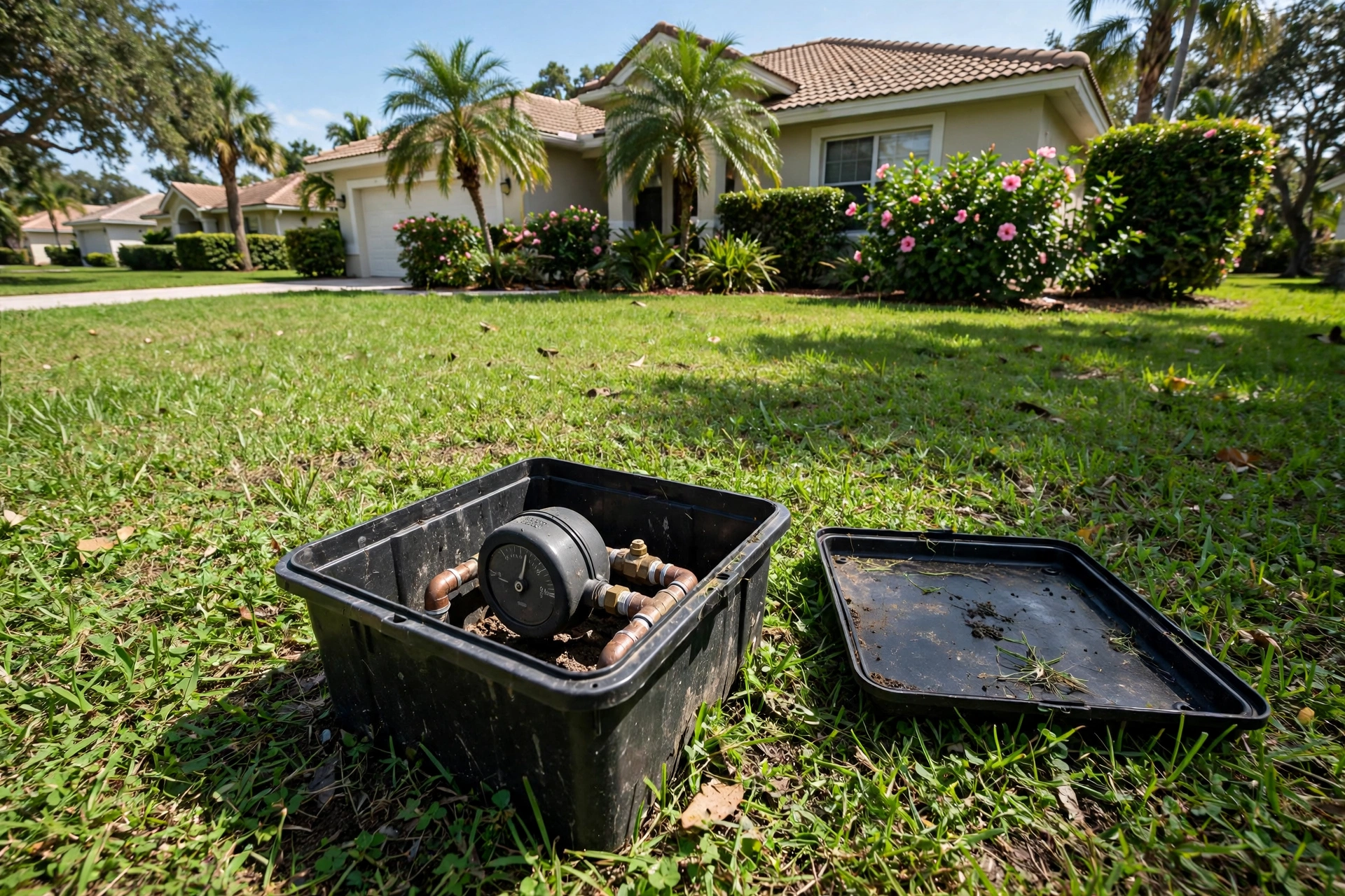 Water meter box open in a front yard showing the meter dial