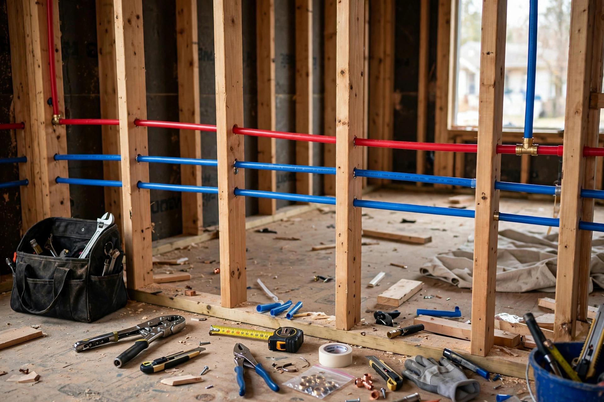 New PEX water pipes installed in open wall framing during renovation
