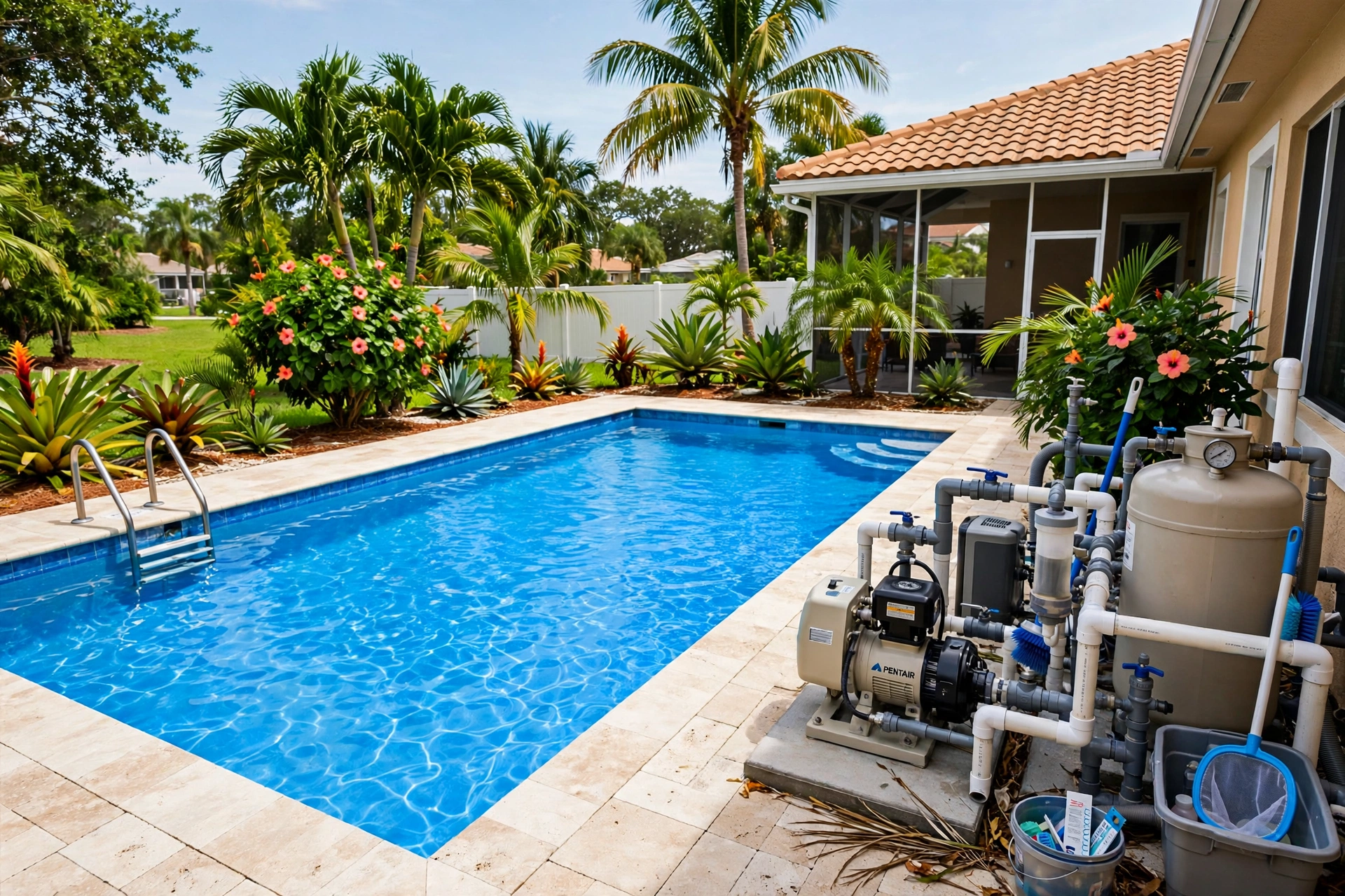 Residential swimming pool with clear blue water in a Florida backyard