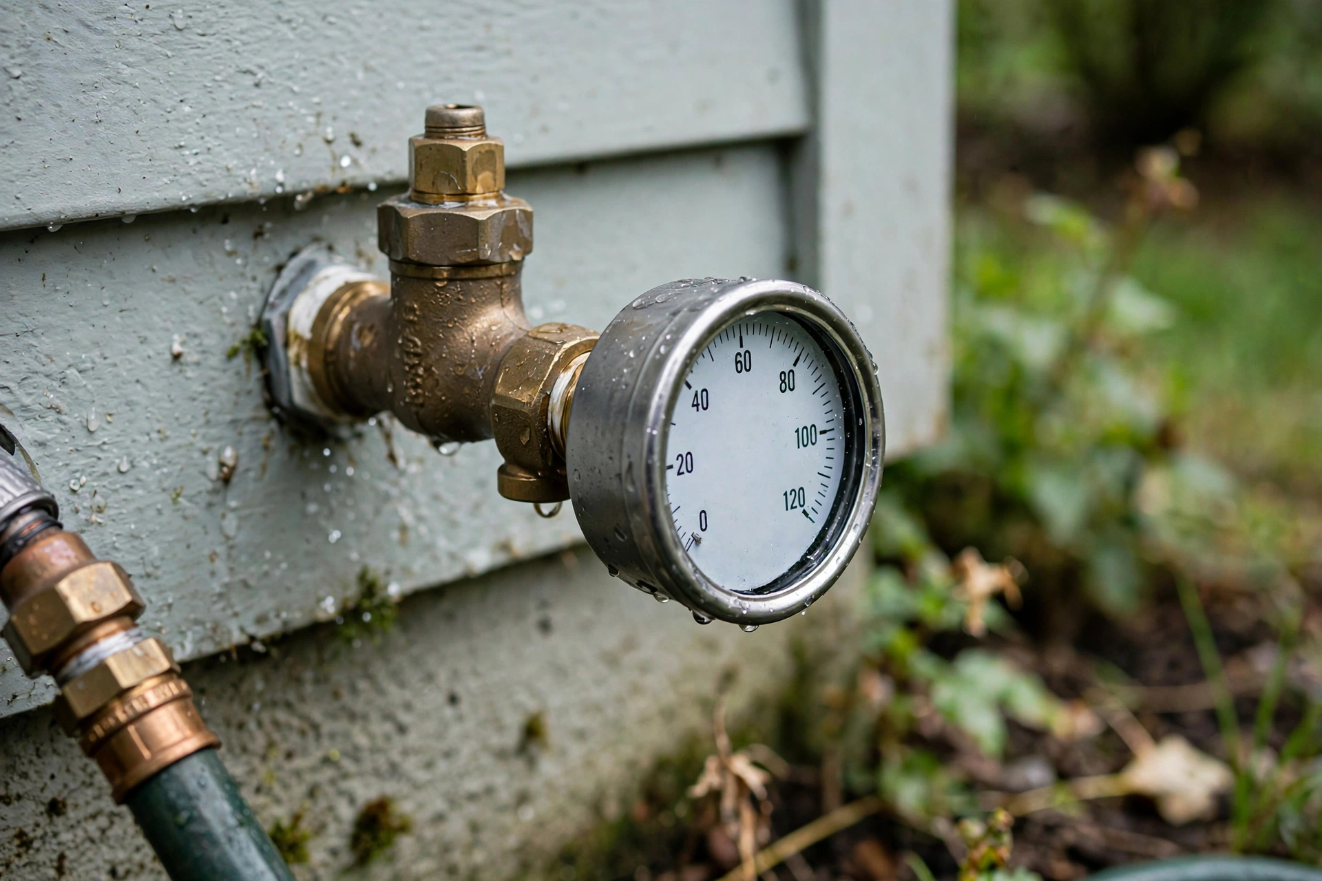 Water pressure gauge attached to an outdoor hose spigot