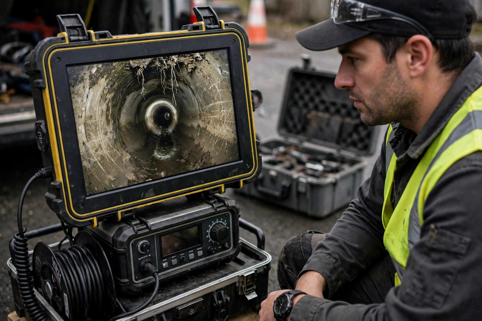 Video pipe inspection monitor showing the inside of a sewer line