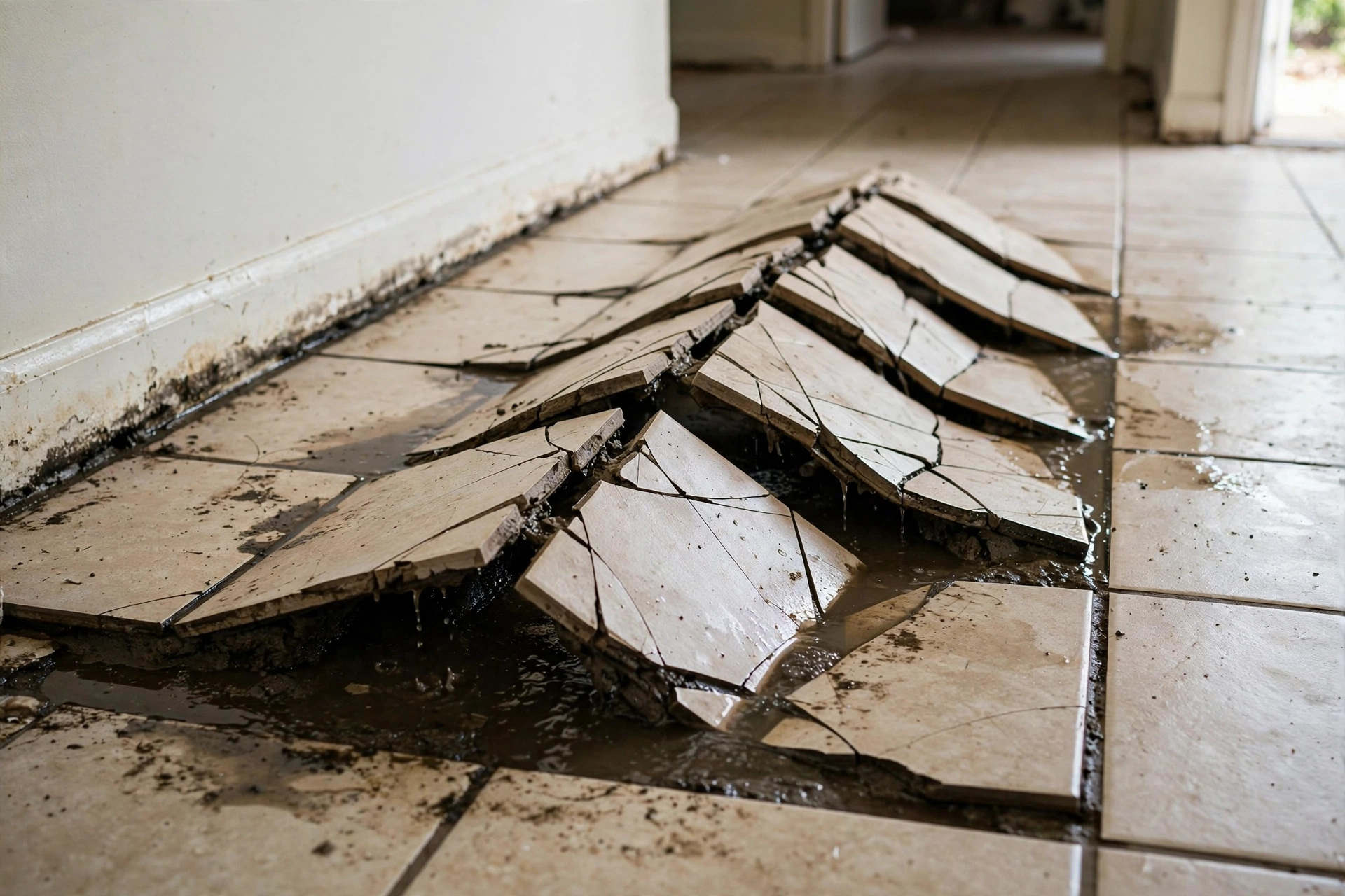 Buckled tile flooring damaged by water from a slab leak