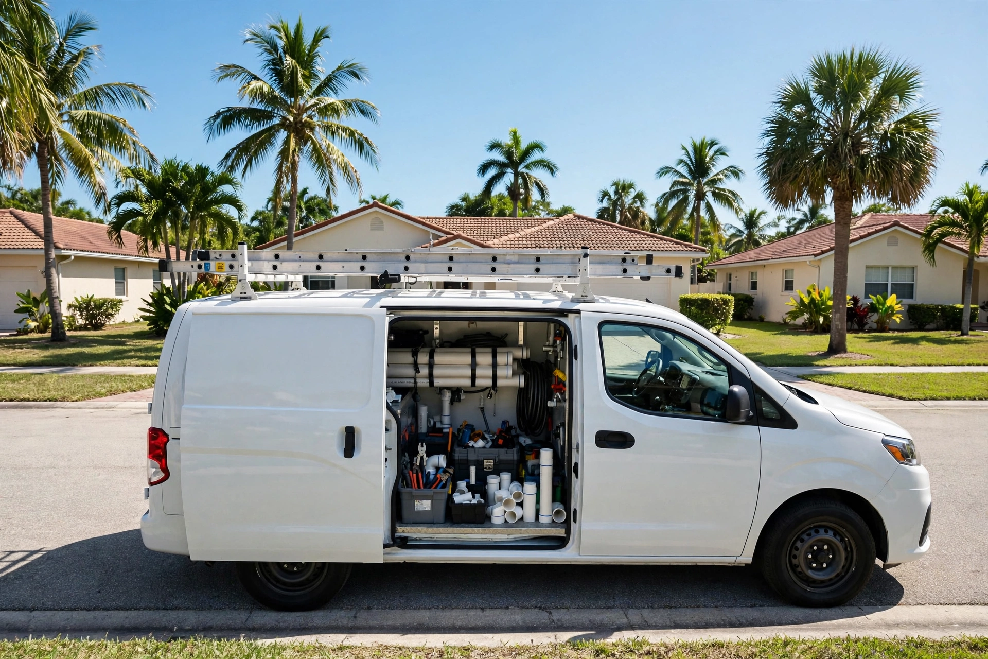 Plumbing service van parked on a Florida residential street with palm trees