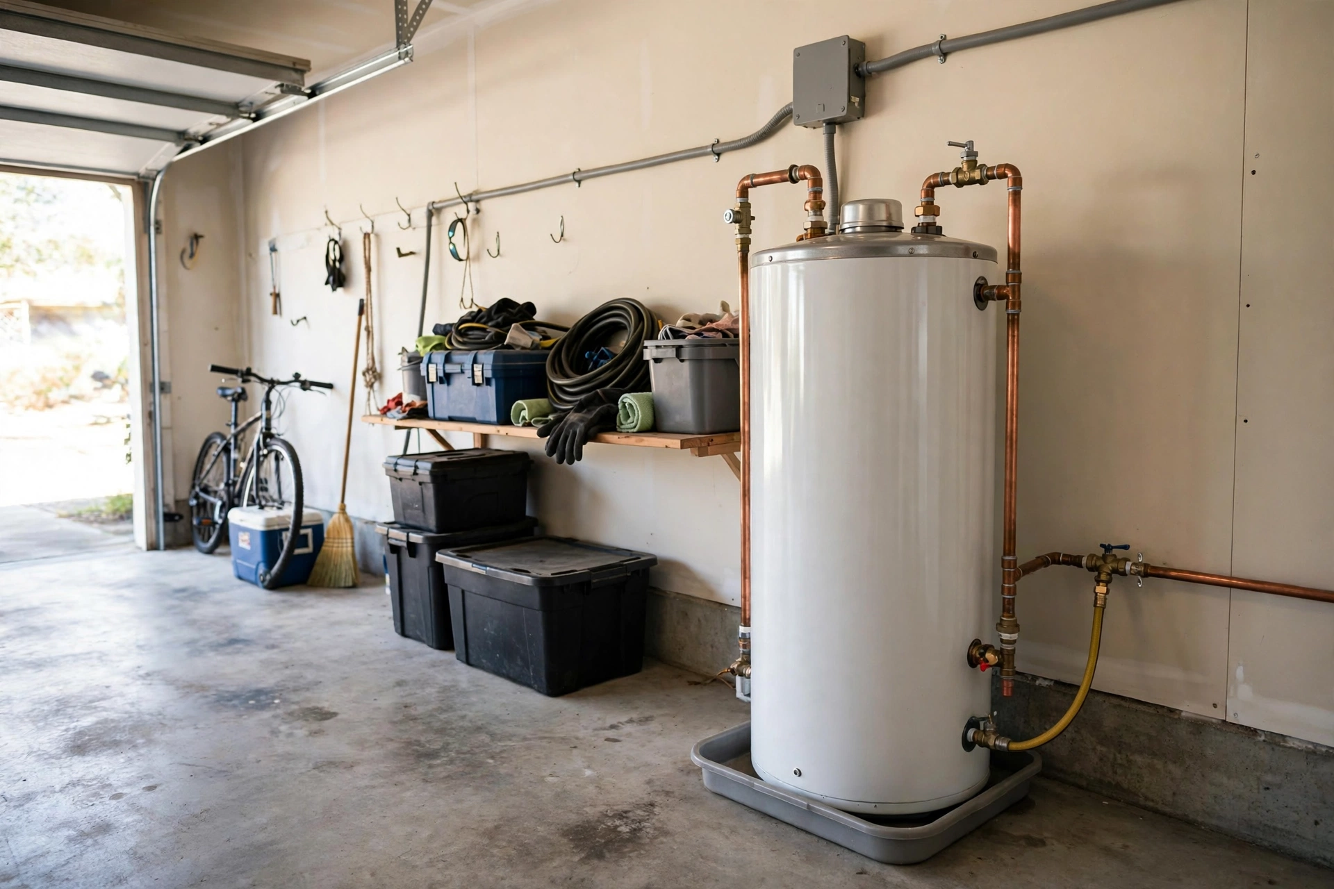 Residential tank water heater installed in a home garage